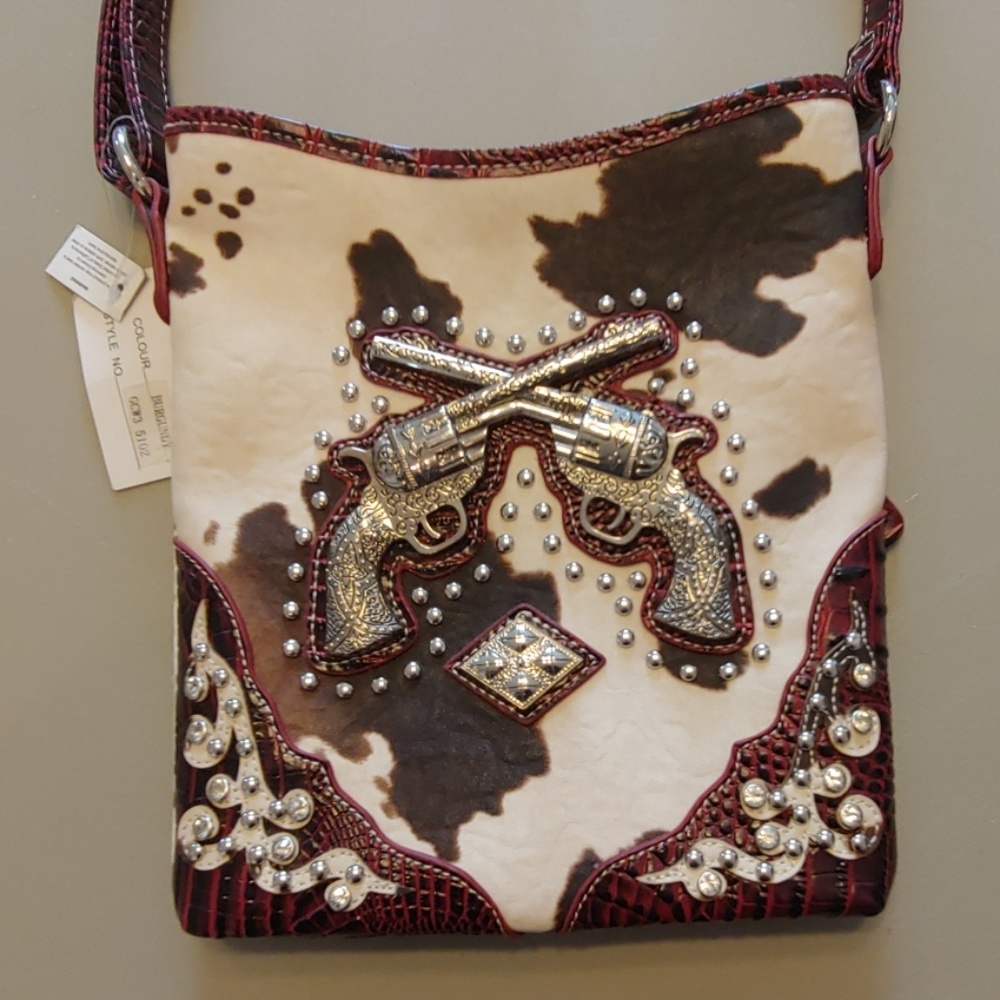 Western Cow Print Concealed Guns Rhinestone Purse - Picture 5 of 8